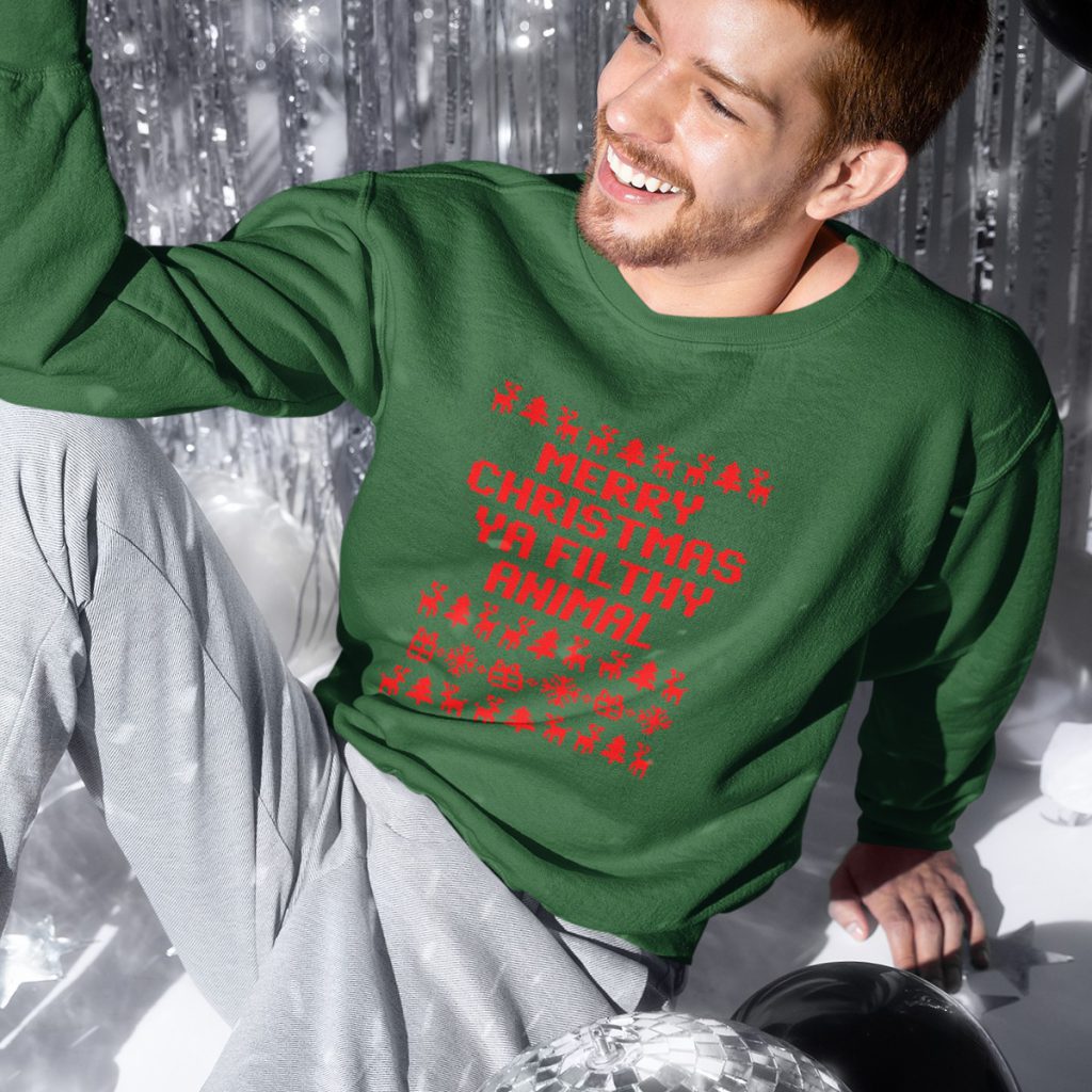 Foute Kersttrui Groen Merry Christmas Ya Filthy Animal Red Heren