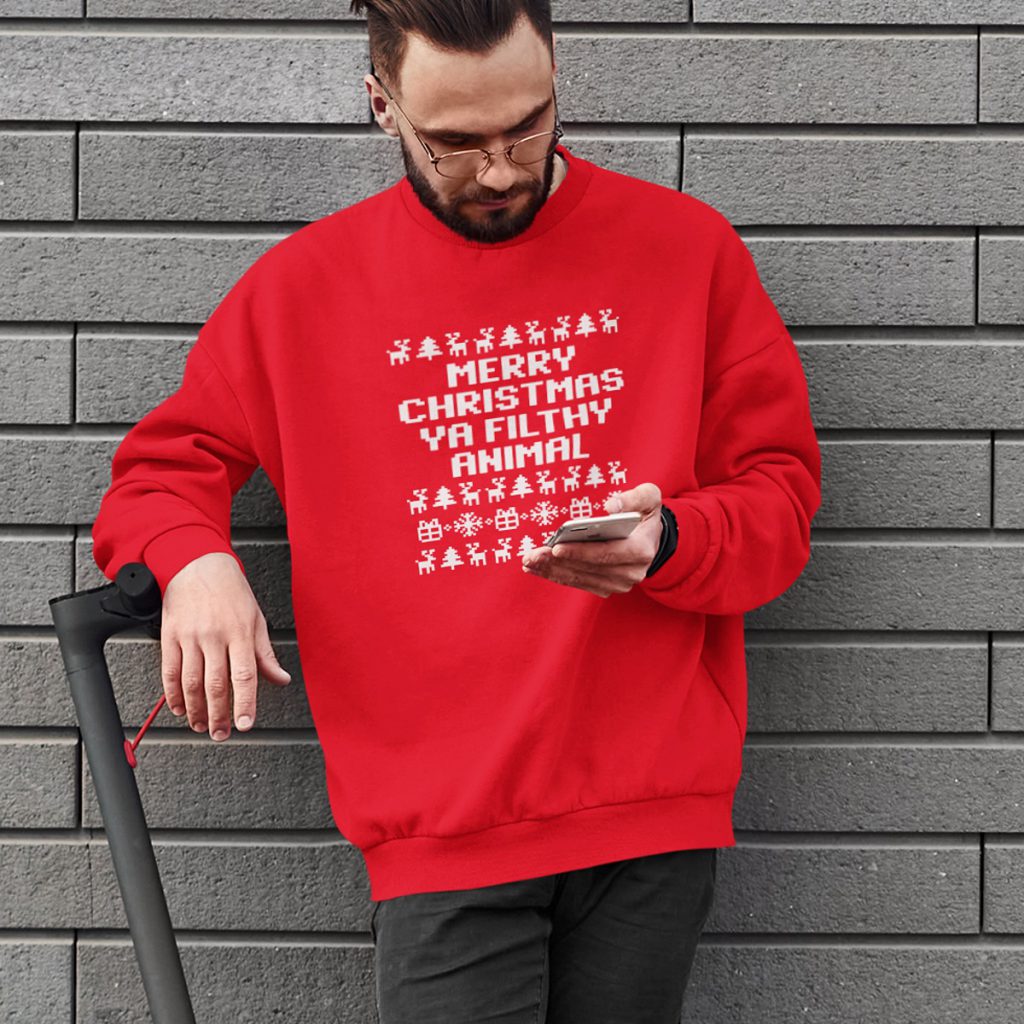 Foute Kersttrui Rood Merry Christmas Ya Filthy Animal Wit