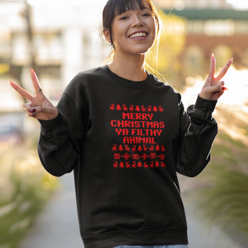 Foute Kersttrui Zwart Merry Christmas Ya Filthy Animal Red