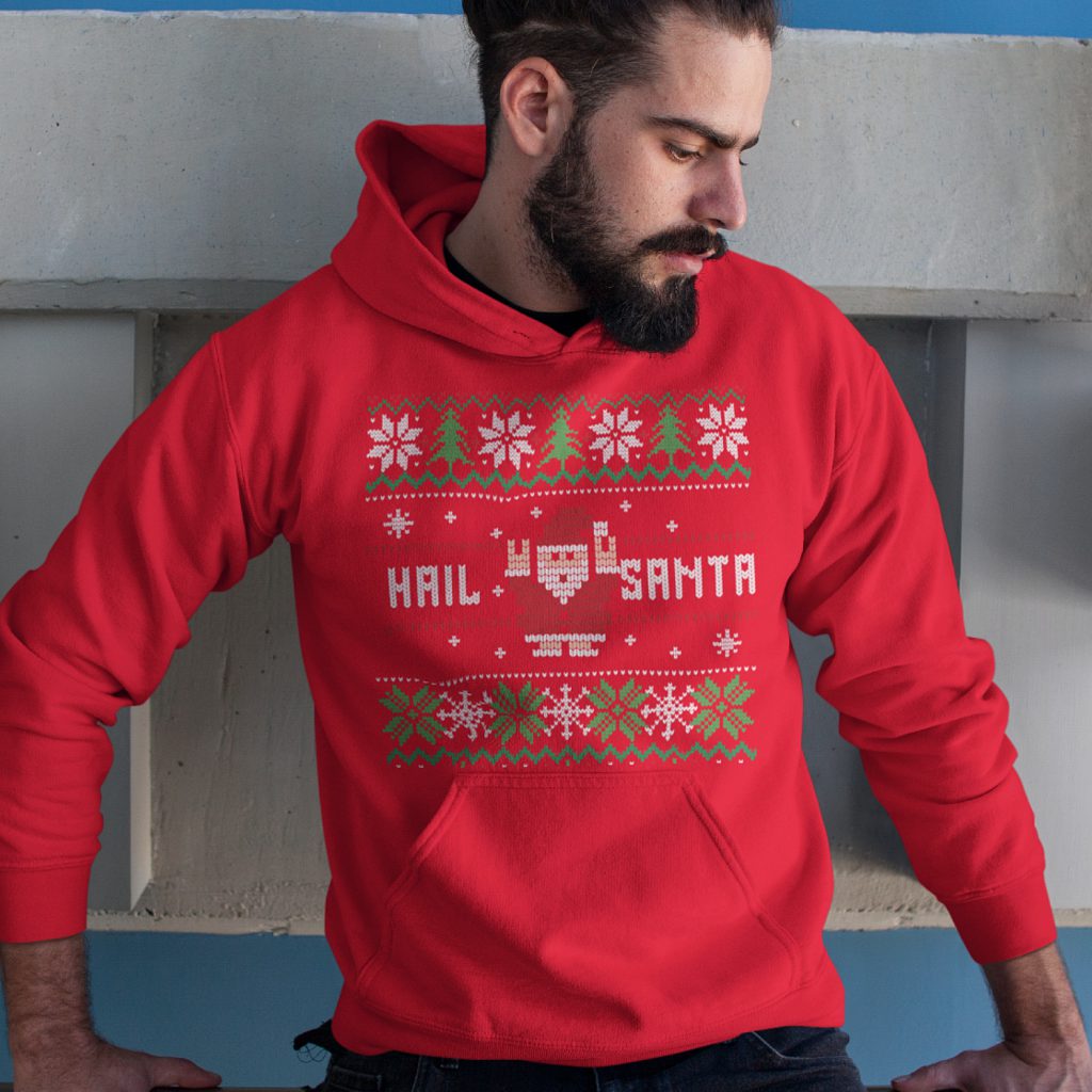 Foute Kerst Hoodie Rood Hail Santa Snowy Trees