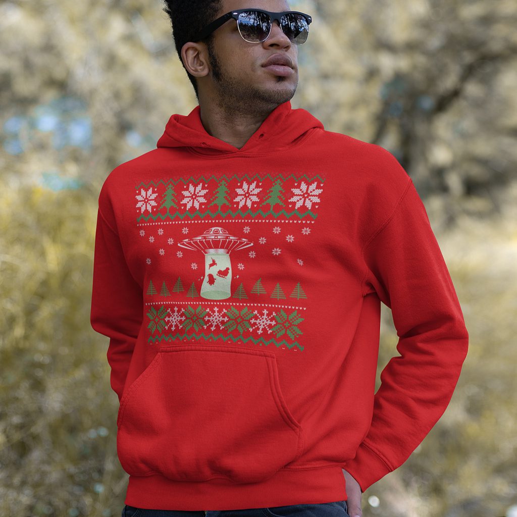 Foute Kerst Hoodie Rood UFO Snowy Trees