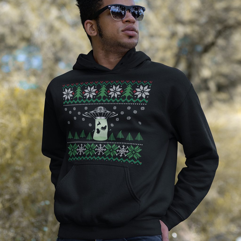 Foute Kerst Hoodie Zwart UFO Snowy Trees