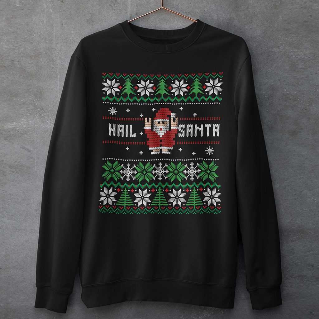 Foute Kersttrui Zwart Hail Santa Snowy Trees