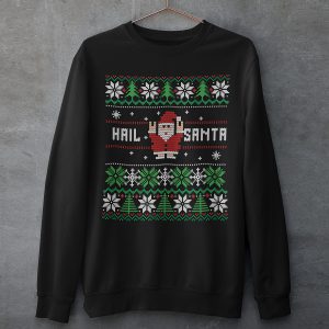 Foute Kersttrui Zwart Hail Santa Snowy Trees