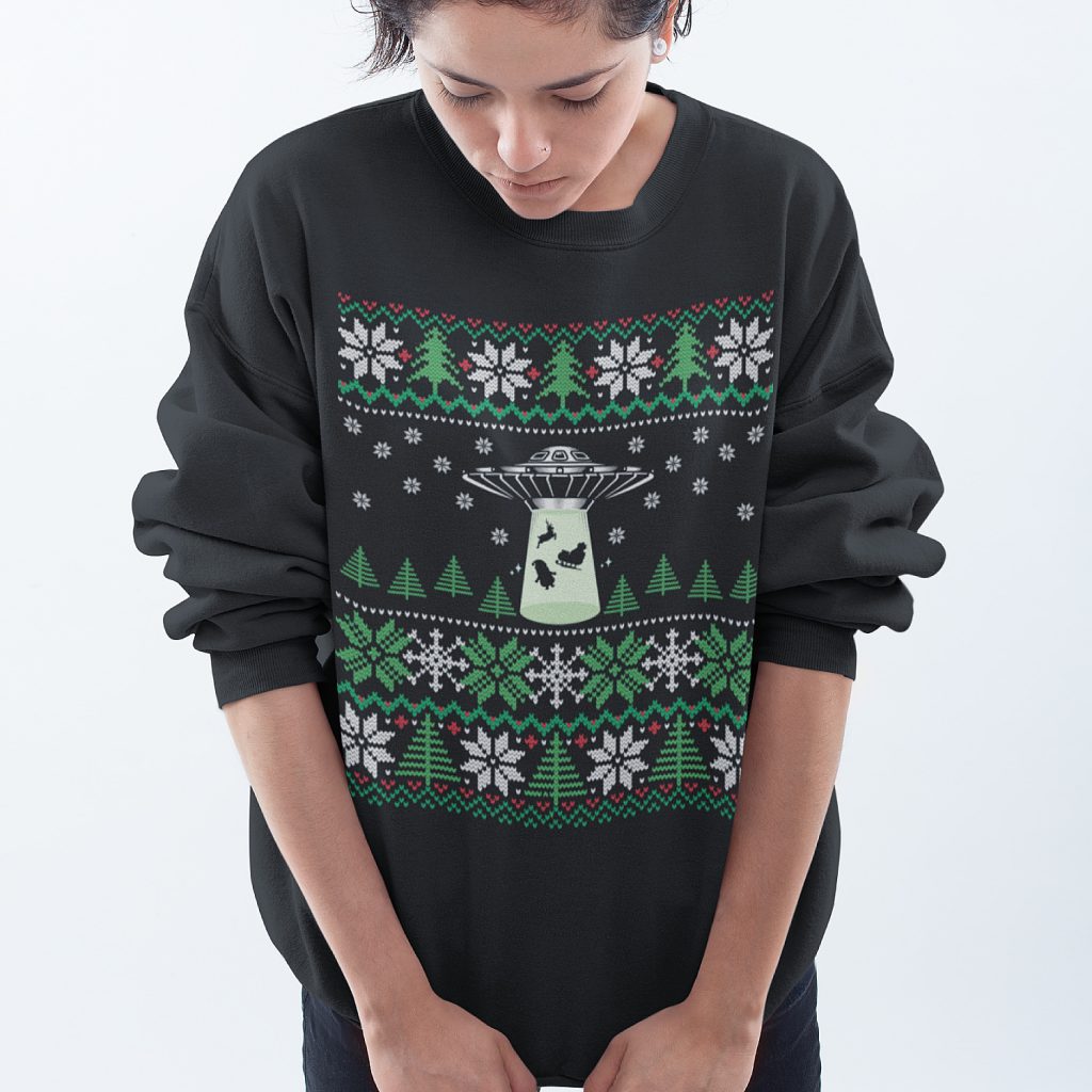Foute Kersttrui Zwart UFO Snowy Trees