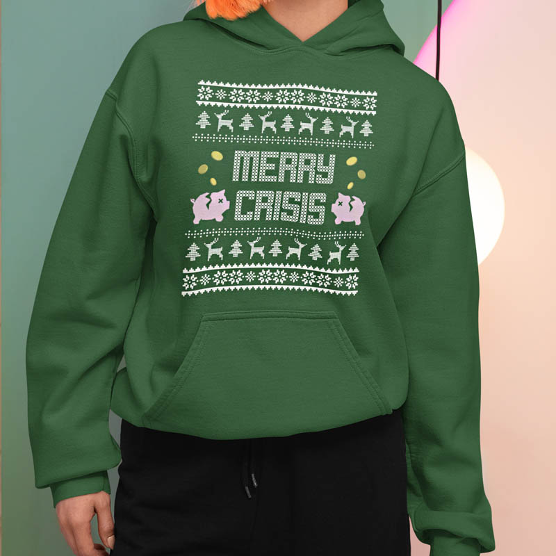 Foute Kerst Hoodie Groen Vrouw Merry Crisis Piggybank