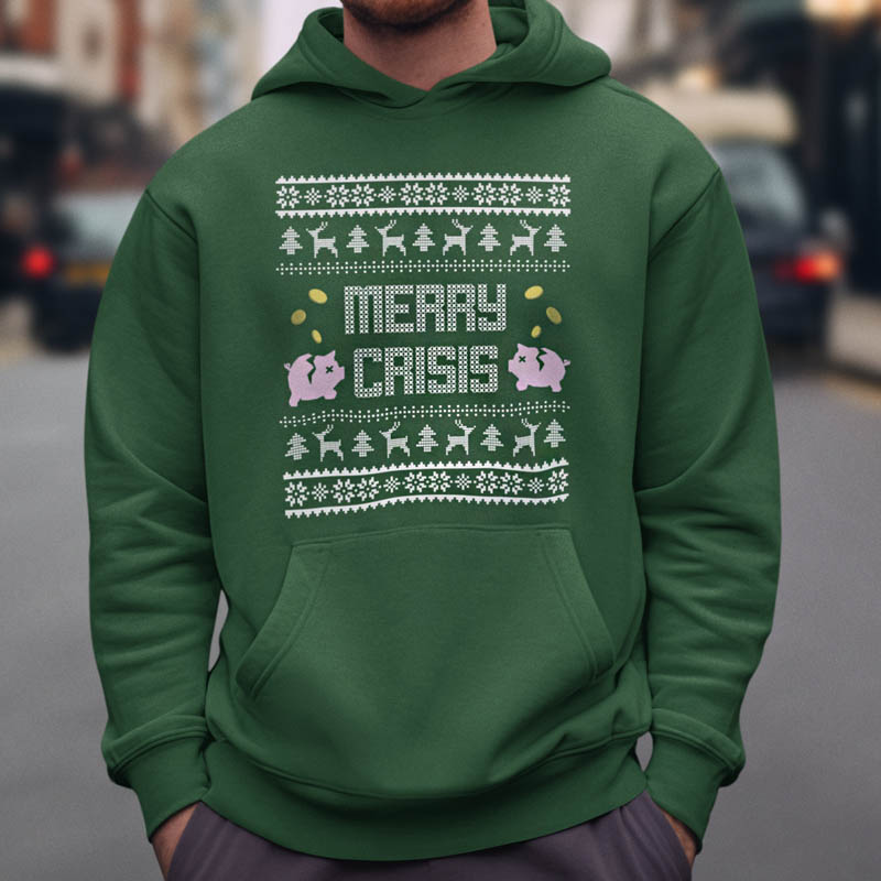 Foute Kerst Hoodie Man Groen Merry Crisis Piggybank