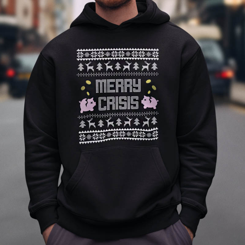 Foute Kerst Hoodie Man Zwart Merry Crisis Piggybank