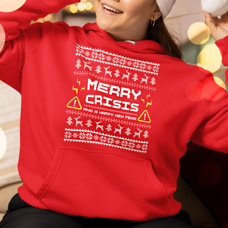 Foute Kerst Hoodie Rood Vrouw Merry Crisis And A Happy New Fear
