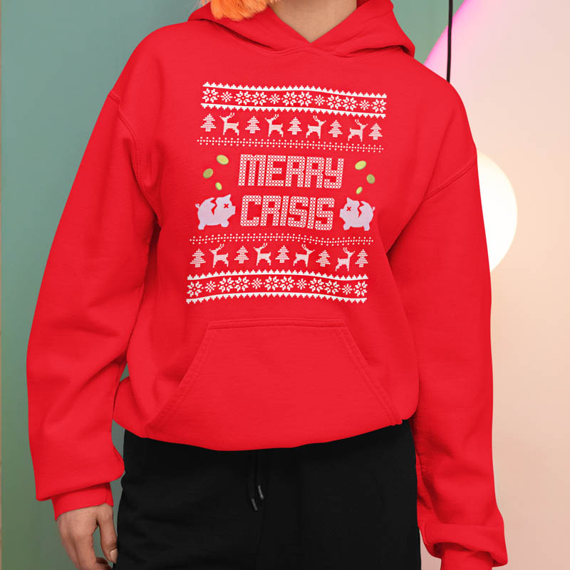 Foute Kerst Hoodie Rood Vrouw Merry Crisis Piggybank