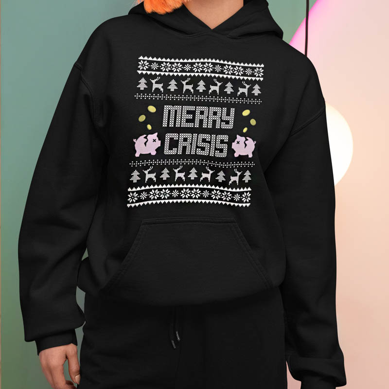 Foute Kerst Hoodie Zwart Vrouw Merry Crisis Piggybank
