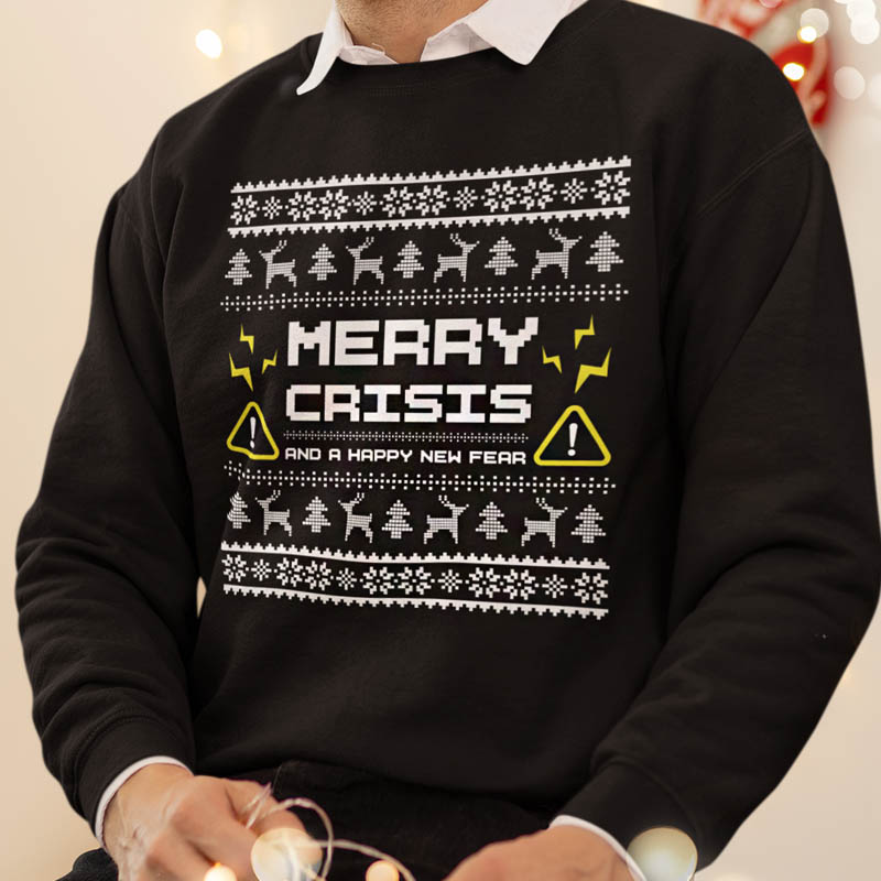 Foute Kerst Trui Zwart Man Merry Crisis And A Happy New Fear